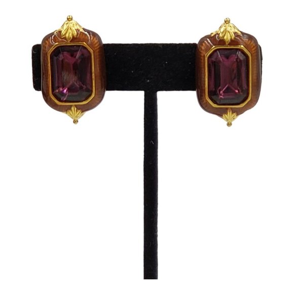 BEREBI Vintage Purple Enamel Rhinestone Clip Earrings Gold Tone Signed - Picture 7 of 12